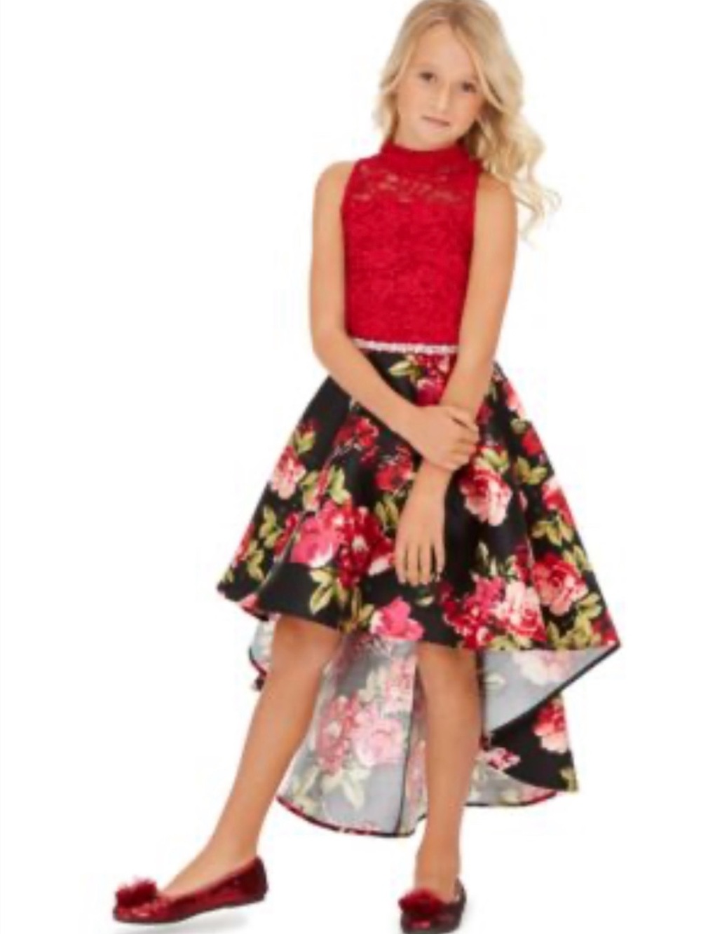Speechless Red Lace Bodice Black Floral High-Low Dress